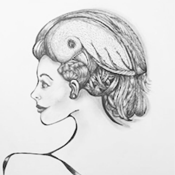Drawing of woman's side profile, bird incorporated into woman's hair.