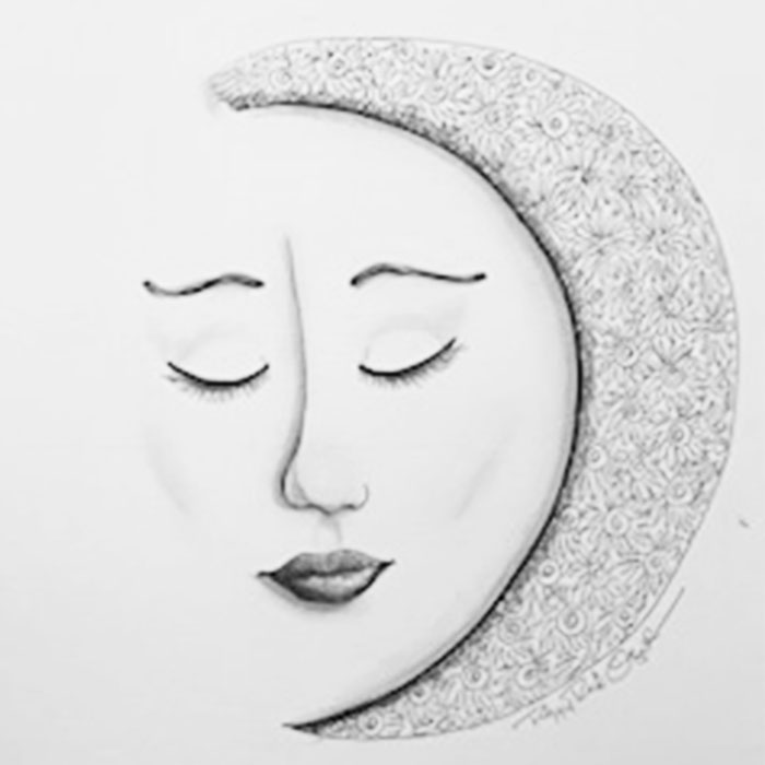 Drawing of woman closed eyes, woman's face looks like a moon.