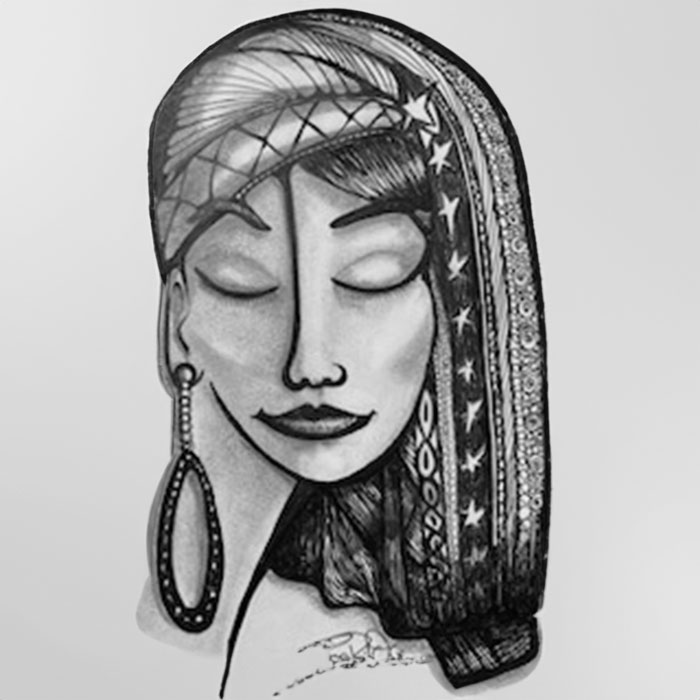 Drawing of woman with eyed closed and hair on the right side of her face.