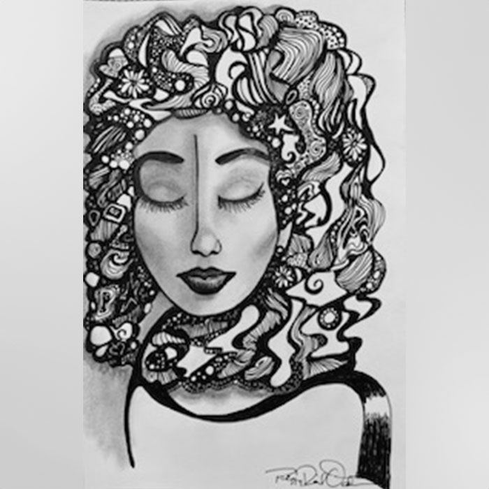 Drawing of a woman with curly hair, eyes closed.