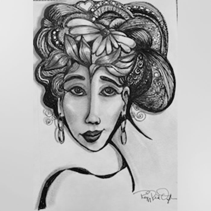Drawing of a woman with a flower and heart in her hair.