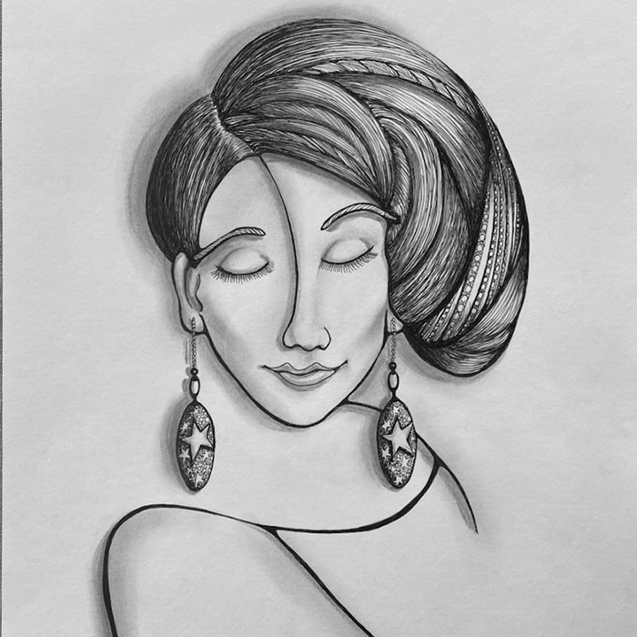 Drawing of a woman, eyes closed with star earrings.