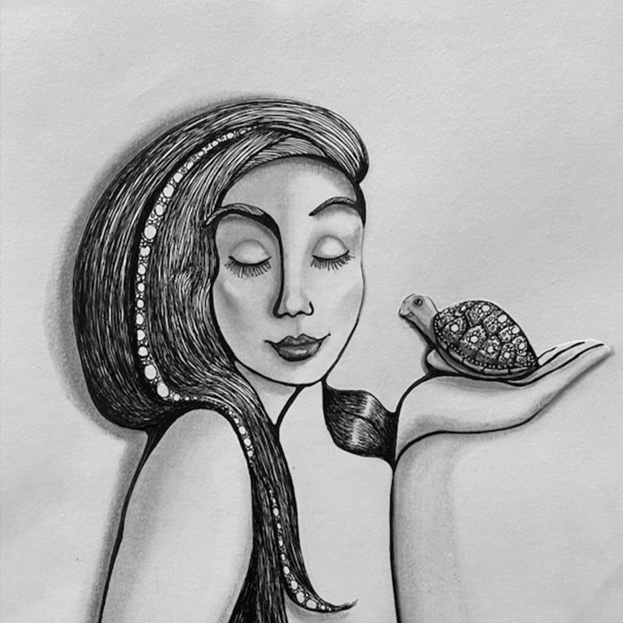 Drawing of a woman holding a turtle.