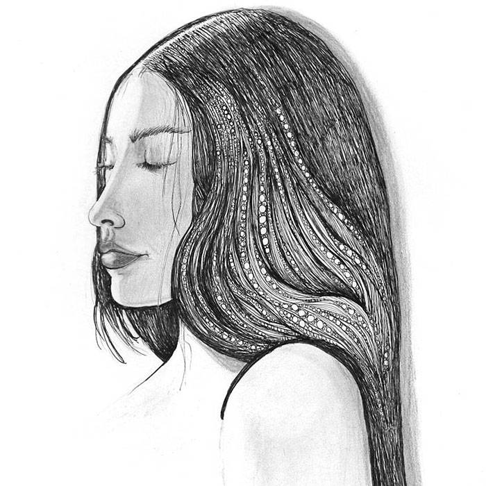 Drawing of a woman, side profile, eyes closed.