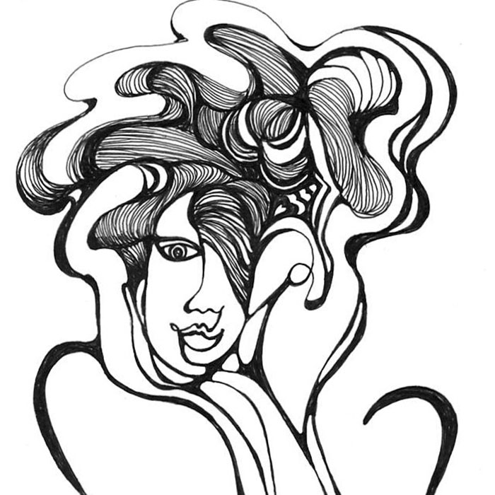 Whimsical drawing of a woman with swirling line work.