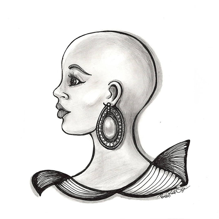 Drawing of a bald woman with earrings.