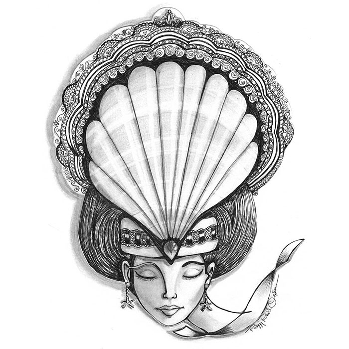 Drawing of a woman with a shell headdress.