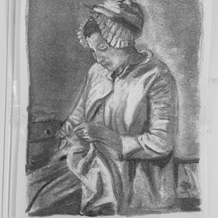 Charcoal drawing of woman sewing.