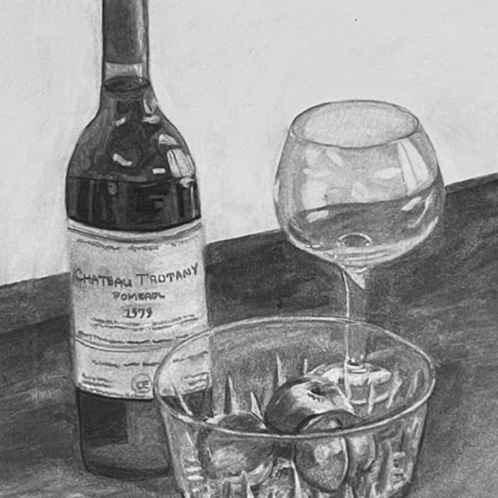 Charcoal still life drawing of wine and glass.