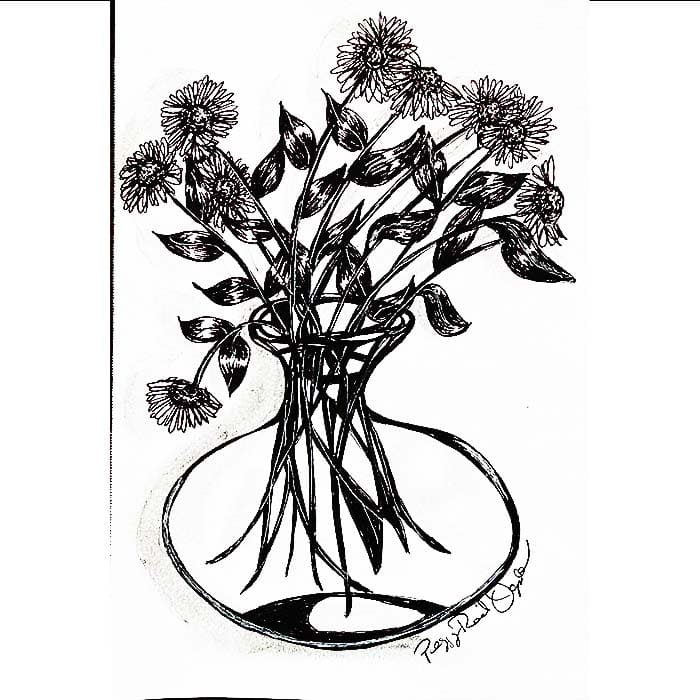 drawing of flowers in a vase.